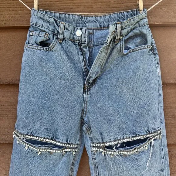 Distressed Blue Denim Jeans W/ Rhinestone Trim & Raw Hem For Women - Picture 3 of 14